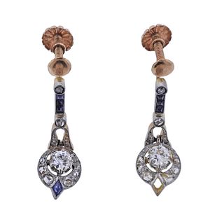 Antique Art Deco 14k Gold Diamond Sapphire Earrings