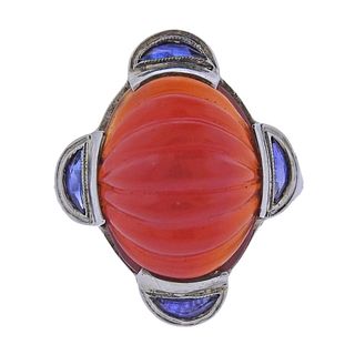 Art Deco 18k Gold Carved Carnelian Sapphire Ring