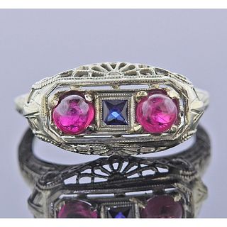 Art Deco 18k Gold Filigree Ruby Sapphire Ring