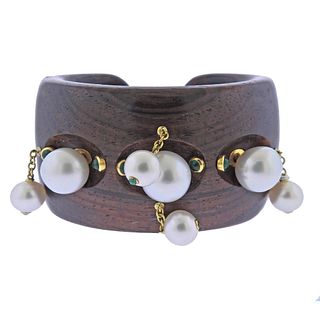 Assael 18k Gold Wood Pearl Emerald Bracelet