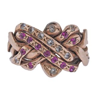 Antique 14k Gold Ruby Diamond Puzzle Ring