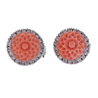14k Gold Coral Diamond Button Earrings
