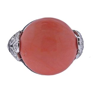 French Art Deco 18k Gold Diamond Coral Ring