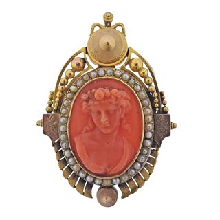 Antique Victorian Gold Coral Cameo Pearl Brooch Pendant