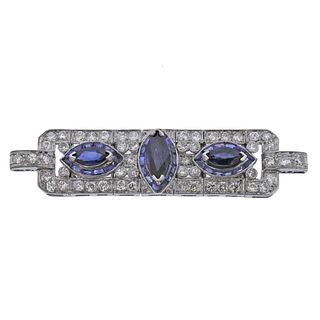 1930s Art Deco Platinum Diamond Sapphire Brooch Pin
