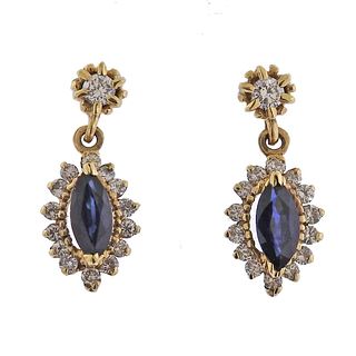 14k Gold Diamond Sapphire Drop Earrings