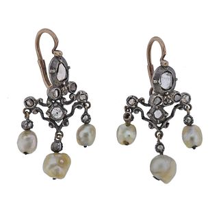 Antique Silver Gold Pearl Diamond Night & Day Earrings