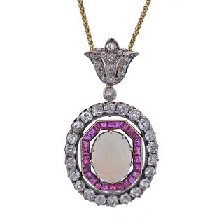 Antique 18k Gold Diamond Opal Ruby Pendant Necklace