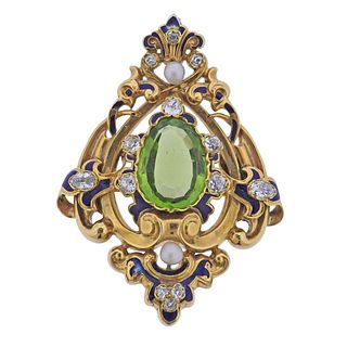 Antique Continental Gold Peridot Diamond Pearl Brooch Pendant