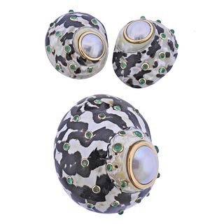 Trianon 14k Gold Pearl Emerald Shell Earrings Brooch Set