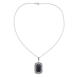 Art Deco Gold Platinum Onyx Diamond Pendant Necklace