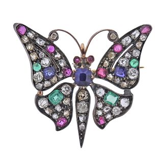 Antique Gold Silver Diamond Sapphire Ruby Emerald Butterfly Brooch