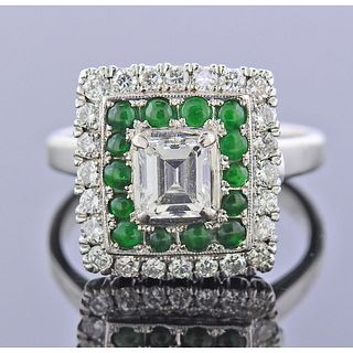 Mid Century Platinum Diamond Jade Ring