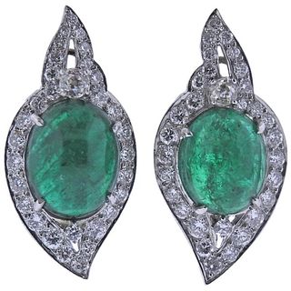 18K Gold Cabochon Emerald Diamond Earrings