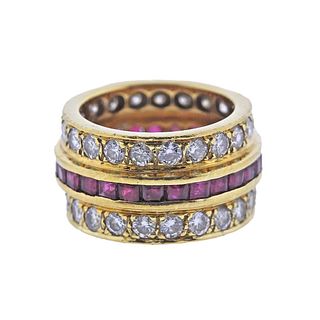 18k Gold Diamond Ruby Wide Band Ring