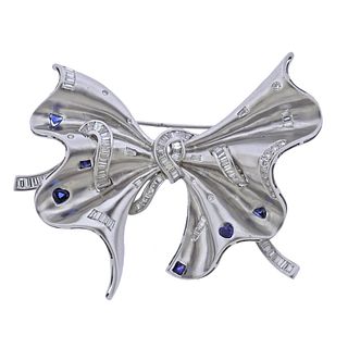 18K Gold Sapphire Diamond Bow Brooch Pin 