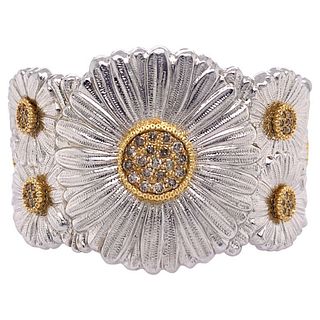 Buccellati Gold Silver Diamond Flower Blossom Cuff Bracelet. 