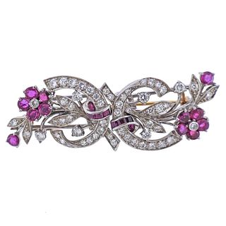 Tiffany & Co 1940s Diamond Ruby Palladium Clip Brooch