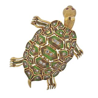 14k Gold Diamond Enamel Ruby Turtle Brooch Pin