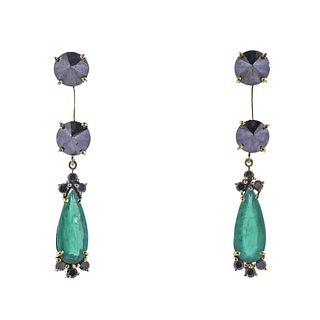 18K Gold Emerald Black Diamond Earrings