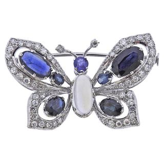 18K Gold Sapphire Diamond  Moonstone Butterfly Brooch.