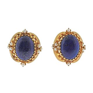 1960s 14k Gold Pearl Lapis Earrings