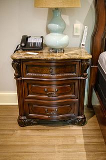 Pair (2)of Night stands 3-drawers serpentine front dark mahogany finish marble top