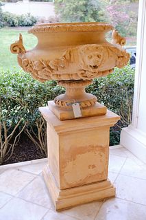 Pair (2) Italian terra-cotta urns w/lions head and scroll handle