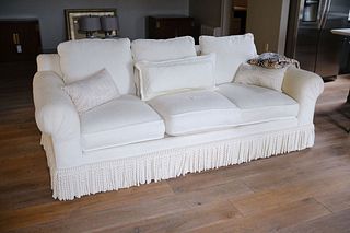 Drexel Heritage roll arm sofa white cotton upholstery w/3 pillows