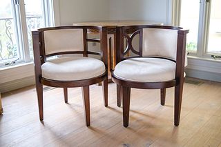 Qty of (2) of tub chairs- nuvuck upholstery mahogany finish