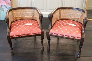 Pair (2) of tub chairs w/Cain back and rams head arms w/goat foot