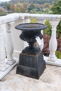 Pair (2) of Victorian cast iron garden urns on pedestal