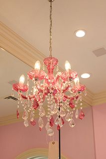 Pink glass chandelier 6 light pink and clear prisms