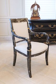 Regency Arm chair completely covered in pen shell and bone w/white leather upholstery