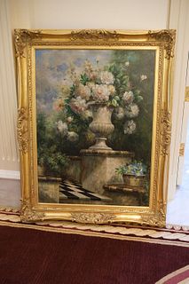Oil on Canvas of urn w/white roses
