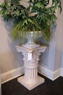 Cast stone Corinthian column w/planter and faux greenery