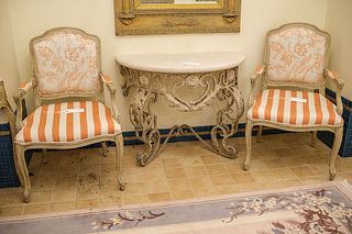 Pair (2) of Louis XV arm chairs with destressed pickle finish