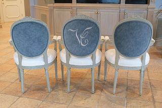 Set of 3 chairs Louis XVI dinning arm chairs with rose carved crest fluted legs and grey craquelure finish