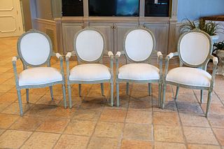 Set of 4 chairs Louis XVI dinning arm chair with rose carved crest fluted legs and a grey craquelure finish