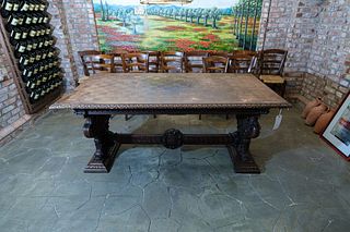 Walnut Table with parquet top and trestle ends carved with eagles