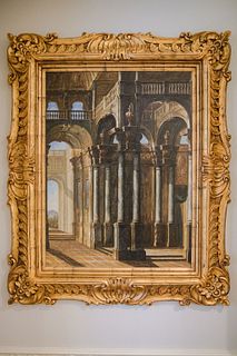 Oil on canvas neoclassical interior of columns in heavy gilted frame