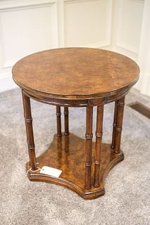 Side table round with burl wood top and shelf faux bamboo turned legs