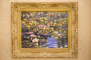 Small Oil on canvas of water lilies on pond artist signed Foo Cha Griffith