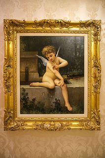 Oil on Canvas painting of a cupid gilt frame