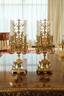 Pair (2) 19th Brass Candelabra w/pierce work on double pedestal base w/snuffer