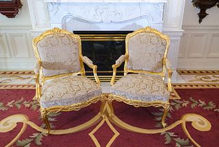 Pair (2)of Arm Chairs Louis XV Style Carved w/cut velvet upholstery