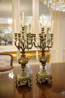 Pair (2) Candelabra's 19th Century Bronze 5 arms in the baroque style w/green onyx base