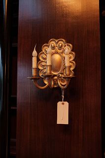 Qty. (3) Brass wall sconces w/3 arms and scalloped oval back plate