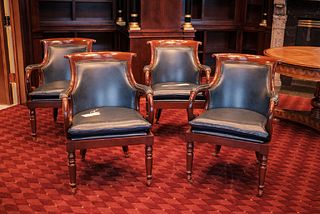 Set of 4 classical armchairs w/dolphin arms - blue leather & nail trim on brass casters