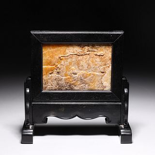 Late Qing Dynasty Carved Shosun Stone Plaque Mounted as Table Screen in Hardwood